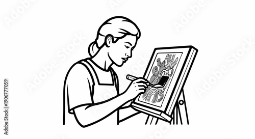 Artist focused on painting abstract lines on canvas with brush