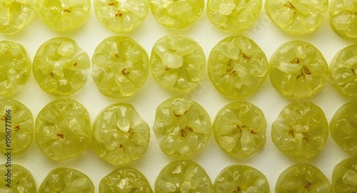 Close up of sliced Shine Muscat grapes arranged on a white backdrop
