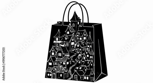 Whimsical village illustration emerges from a black shopping bag, evoking fantasy and retail