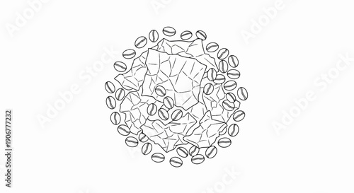 Abstract line art of coffee beans surrounding cracked fragments