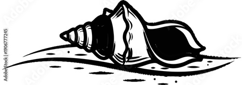 Abstract black and white ink drawing of a seashell on wavy lines