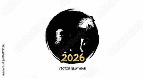 Artistic black circle with a white horse and golden "2026" year