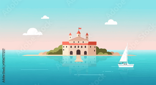 A tranquil island castle with a sailboat gliding on calm blue waters