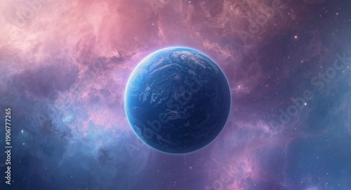 Glowing nebula background with a vibrant blue planet foreground