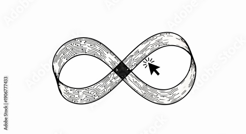Cursor clicking on a black square at the center of a hand-drawn infinity symbol, representing endless possibilities or continuous action.