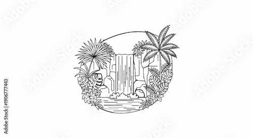 A tropical waterfall surrounded by lush palm trees and foliage in a circular frame