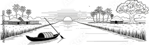 A tranquil village scene at sunset with a lone boat on a river