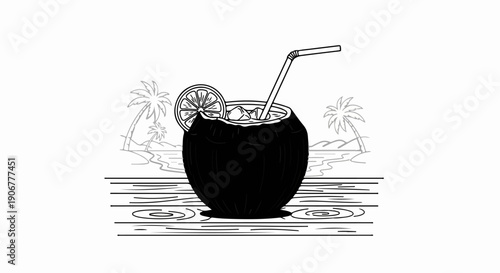 A tropical coconut drink sits on a wooden surface before a beach scene