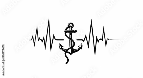 Nautical heart rhythm with anchor symbol, symbolizing life at sea or maritime passion