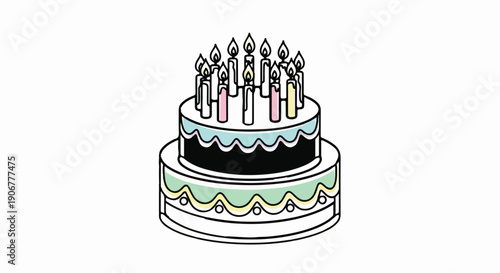 A two-tiered birthday cake with lit candles in soft pastel colors