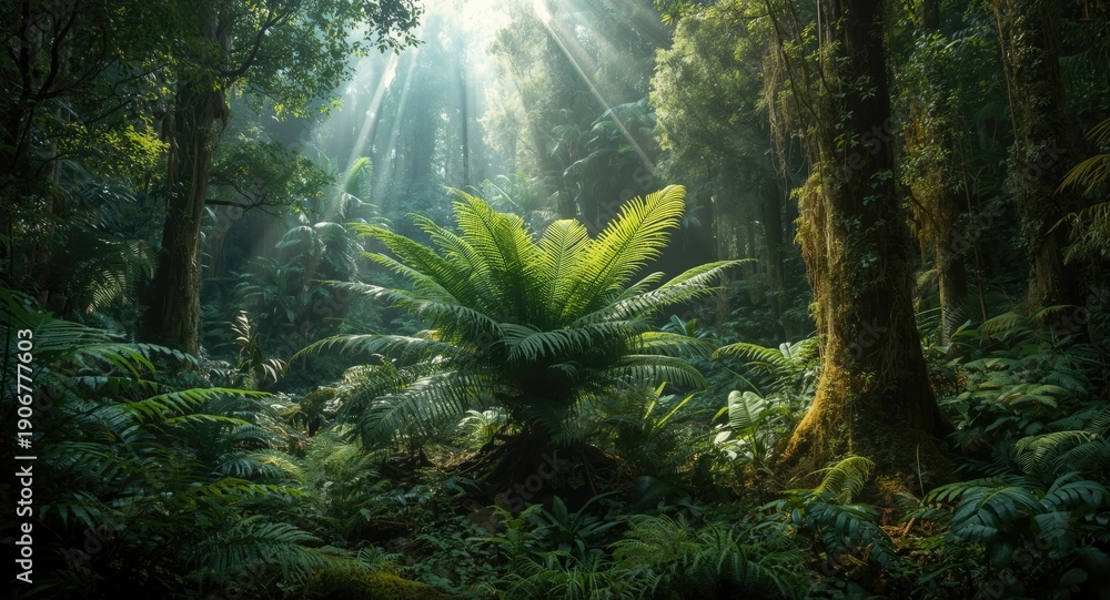 Fototapeta premium Lush tropical rainforest with shadowed moss and fern diversity