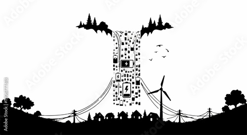 Sustainable energy flows from nature to homes via wind turbine and power lines