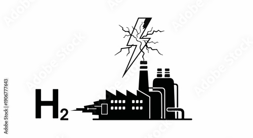 Industrial factory producing clean hydrogen energy powered by lightning bolt