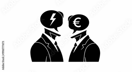 Two businessmen in silhouette facing each other, one contemplating ideas, the other focused on finance.