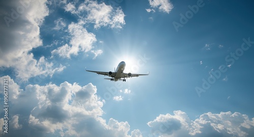 An airliner soaring through a picturesque sky scattered with white clouds