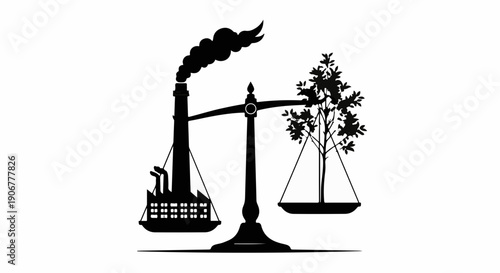 Industrial pollution versus nature on a balanced scale, symbolizing environmental conflict and sustainability