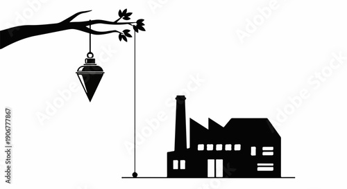 Plumb bob hanging from tree branch measures height of factory silhouette