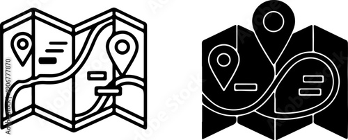 Black and white map with location pins and routes navigation