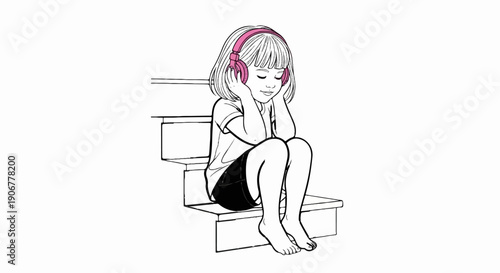 A young girl enjoys music while sitting on steps
