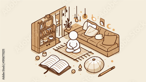 Cozy Isometric Illustration of Person Meditating in a Peaceful Living Room