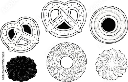 A variety of illustrated cookies and pretzels in a top-down view