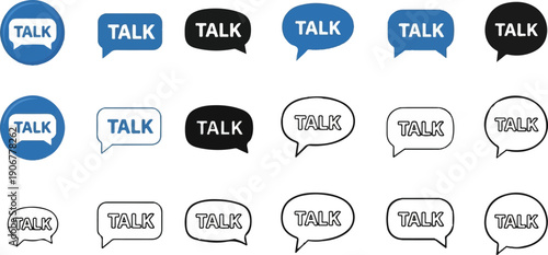 A variety of speech bubble icons, with the word "TALK" inside