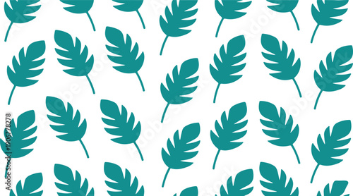 Seamless pattern of stylized teal botanical leaves on a white background, a refreshing and vibrant illustration for modern design projects, evoking a natural and serene aesthetic