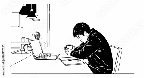 A young person contemplates while holding a warm drink beside a laptop