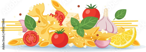 A vibrant assortment of pasta, tomatoes, garlic, lemon, and basil
