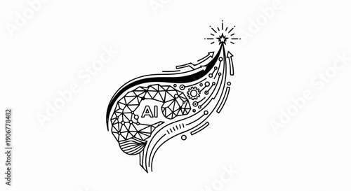 Abstract AI brain with circuits and upward arrows reaching for a star