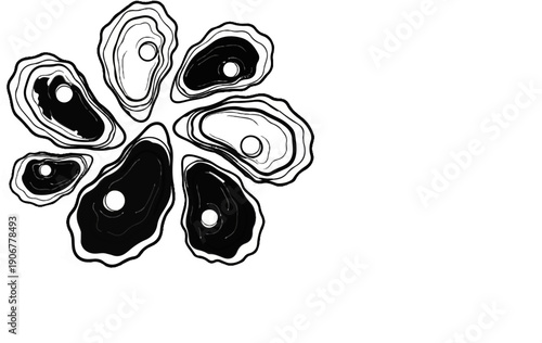 Abstract arrangement of black and white oyster shapes forming a flower