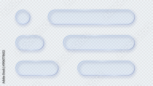 Blue transparent glass buttons. Liquid glass design elements with morphism effect. Modern digital interface icons for web and app design with rounded frame and subtle shadow. Vector illustration.