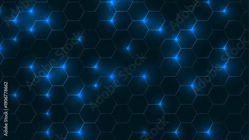 Honeycomb neon background. Glowing blue hexagonal grid pattern creates modern tech texture on dark surface. Futuristic digital vector illustration in luminous geometric style.