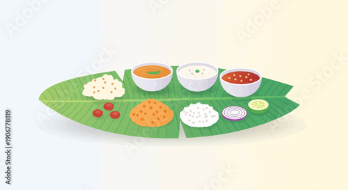 A vibrant flat illustration of a traditional meal served on a banana leaf with accompaniments