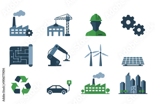 Industrial renewal icon set, 12 area revitalization elements, geometric minimal icon style