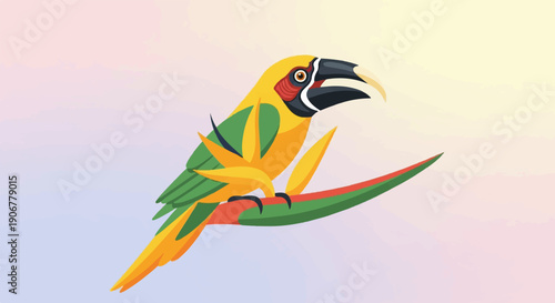 A vibrant, stylized toucan perched on a colorful flower with a soft gradient background