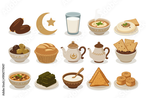 Ramadan fasting icon set, 15 traditional food and crescent elements, soft flat icon style