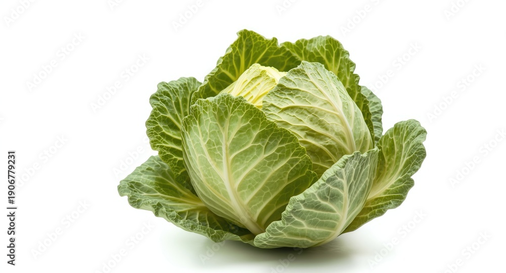 Obraz premium Isolated savoy cabbage on white background highlighting curly leaf patterns