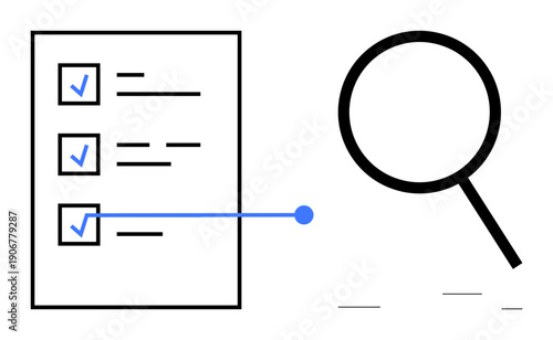 Task checklist with checkmarks and magnifying glass highlighting completion and inspection. Ideal for productivity, efficiency, prioritization, review, progress tracking, quality control