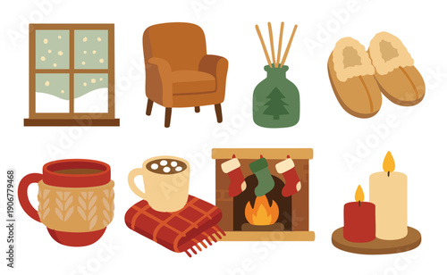 Cozy Winter Scene With Fireplace Armchair And Hot Drinks vector illustration