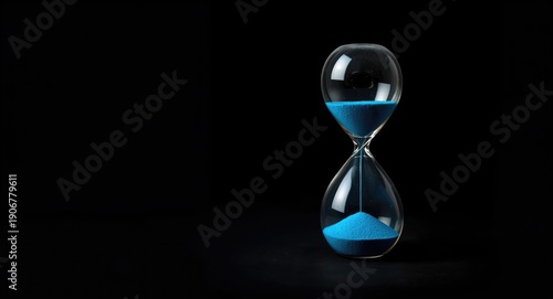 Black backdrop featuring hourglass with blue sand representing patience and extra time for deadlines