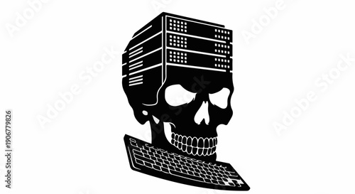 Sinister skull with server rack head and keyboard represents cyber threat and digital danger