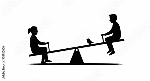 Two children playing on a seesaw with a bird perched in the middle