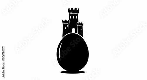 Symbolic castle atop a large egg on a stark white background
