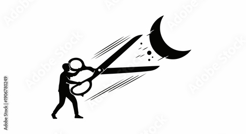 Person creatively cutting a crescent moon from the sky with giant scissors