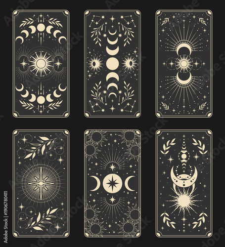 Magic tarot cards. Vintage hand drawn mystic tarot cards, stars, crescents, magical symbols. Magic occult cards illustration set.	