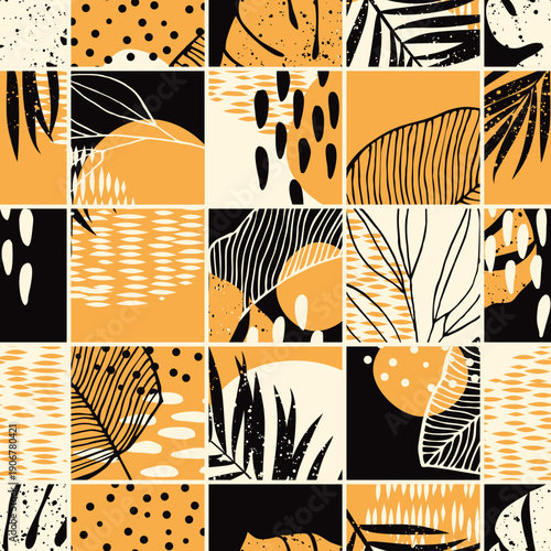 Geometric seamless pattern with tropical leaves sketch.  For wrapping paper. Ideal for wallpaper, surface textures, textiles.