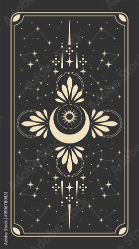 Magical tarot card with astrology symbols. Vector illustration template, boho style