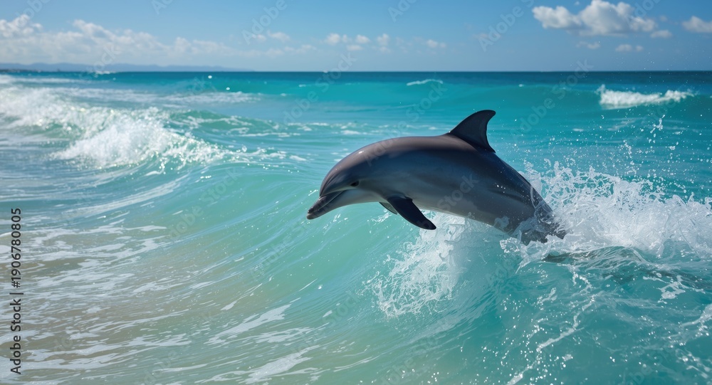 Fototapeta premium Bubbly dolphin weaving through turquoise coastal surf