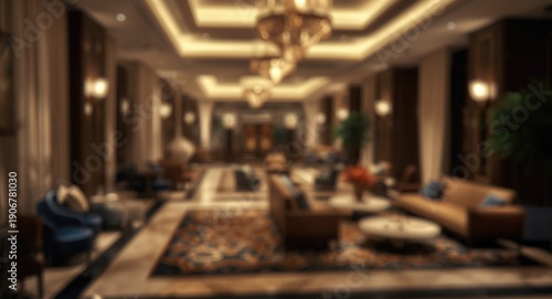 Blurred reception area of luxury hotel with ambient lighting and vacation furniture